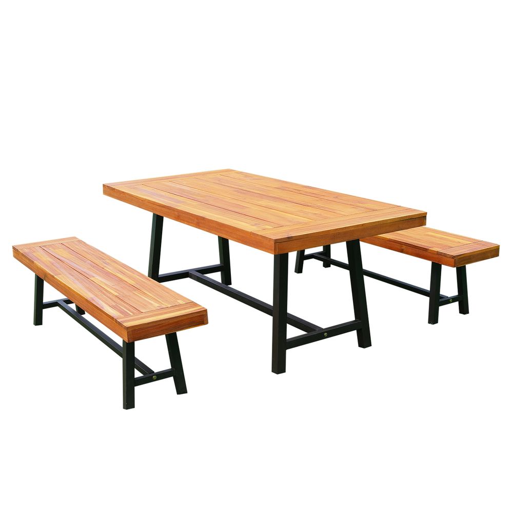3 Piece Acacia Wood and Steel Table and Benches Set