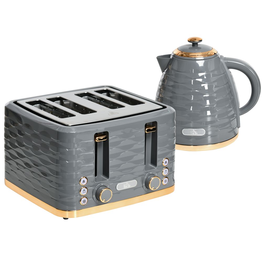 Homcom Grey Kettle and Toaster Set - 1.7L Rapid Boil Kettle & 4 Slice Toaster