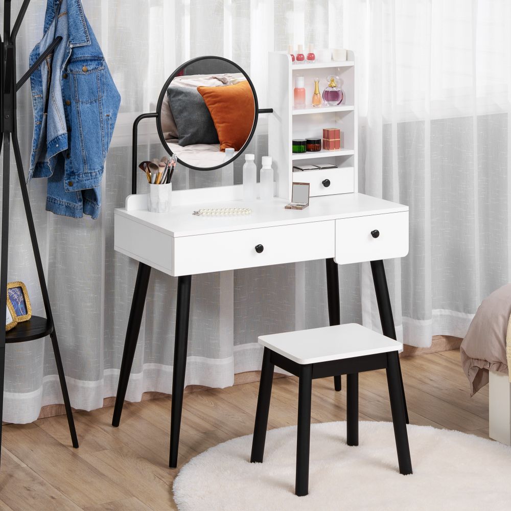 White and Black Dressing Table Set with 3 Drawers Shelves and Stool
