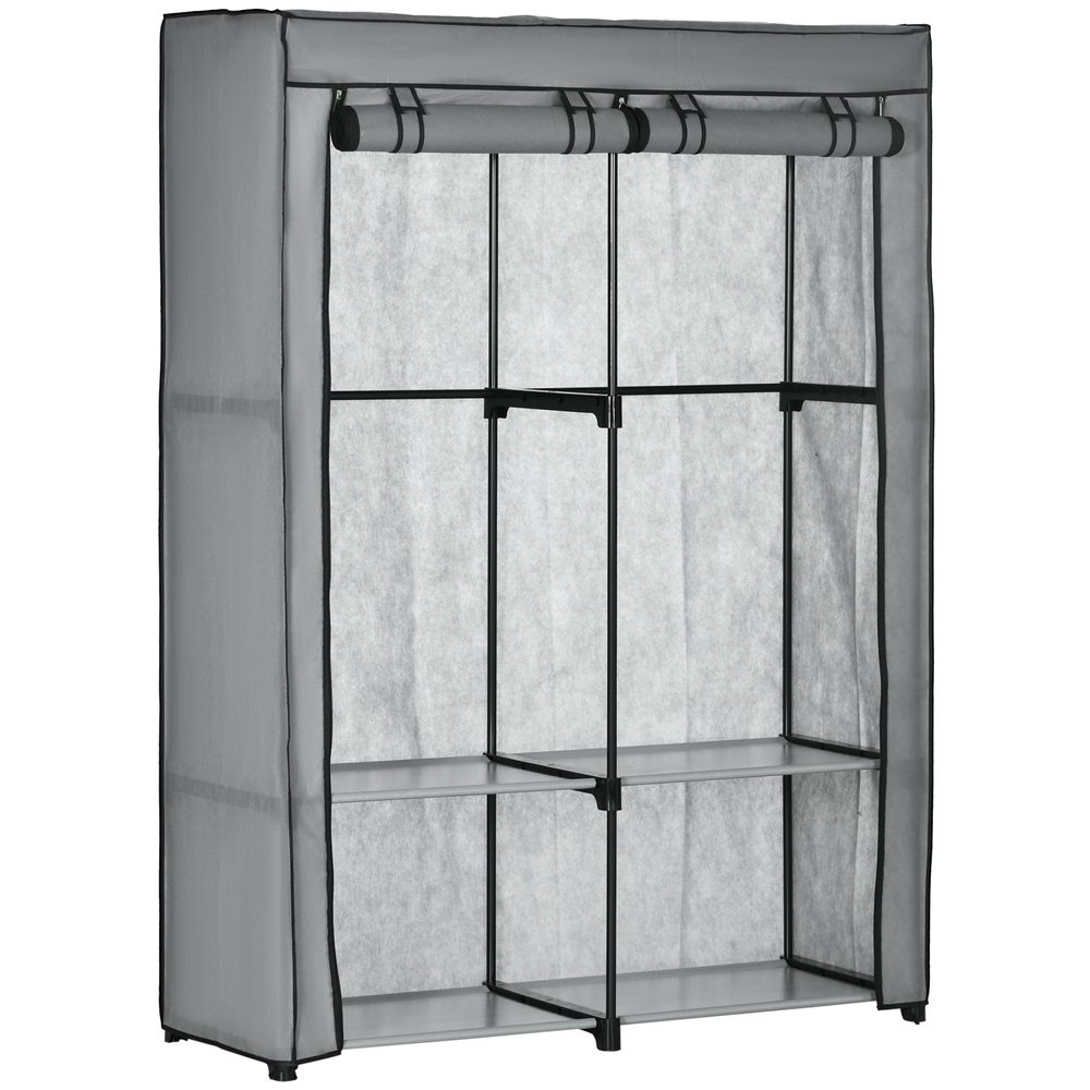 Portable Fabric Wardrobe with 4 Shelves and 2 Hanging Rails - Grey