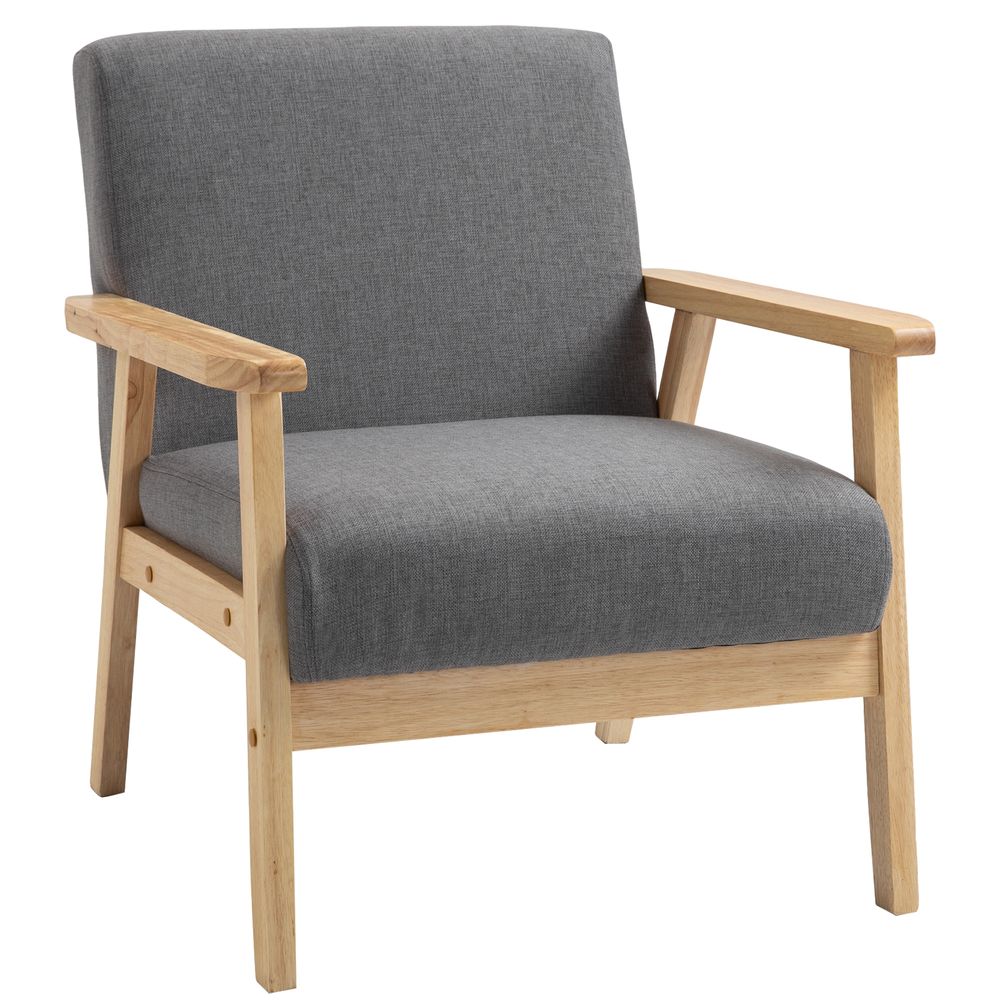 Oak Finish Pine Wood Grey Linen Arm Chair
