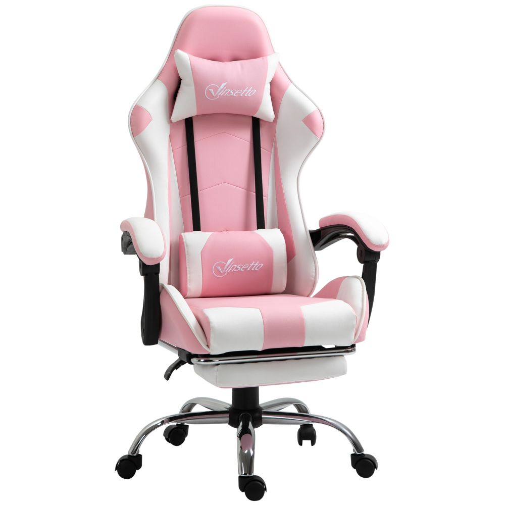 White and Pink Racing Gaming Chair with Lumbar Support