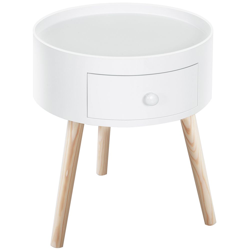 White Round Bedside Table with Drawer and Tripod Legs