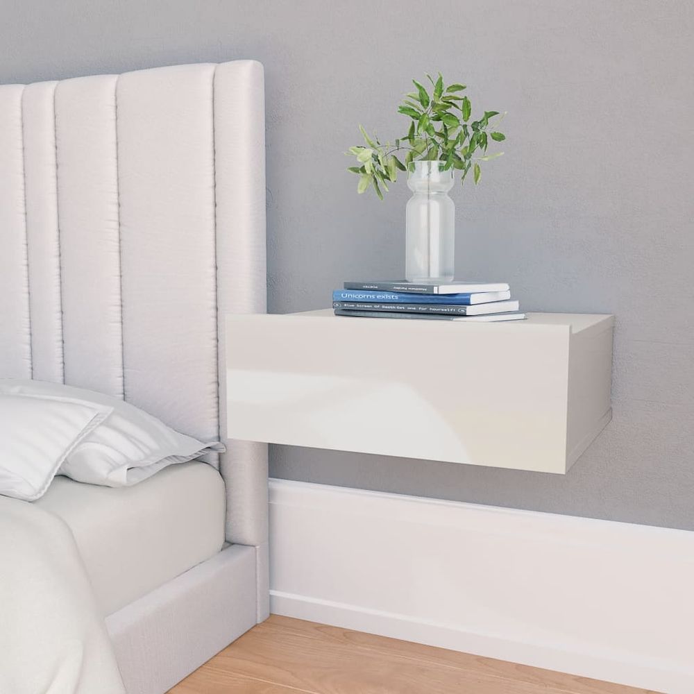 High Gloss White Floating Bedside Table - 40cm x 30cm x 15cm