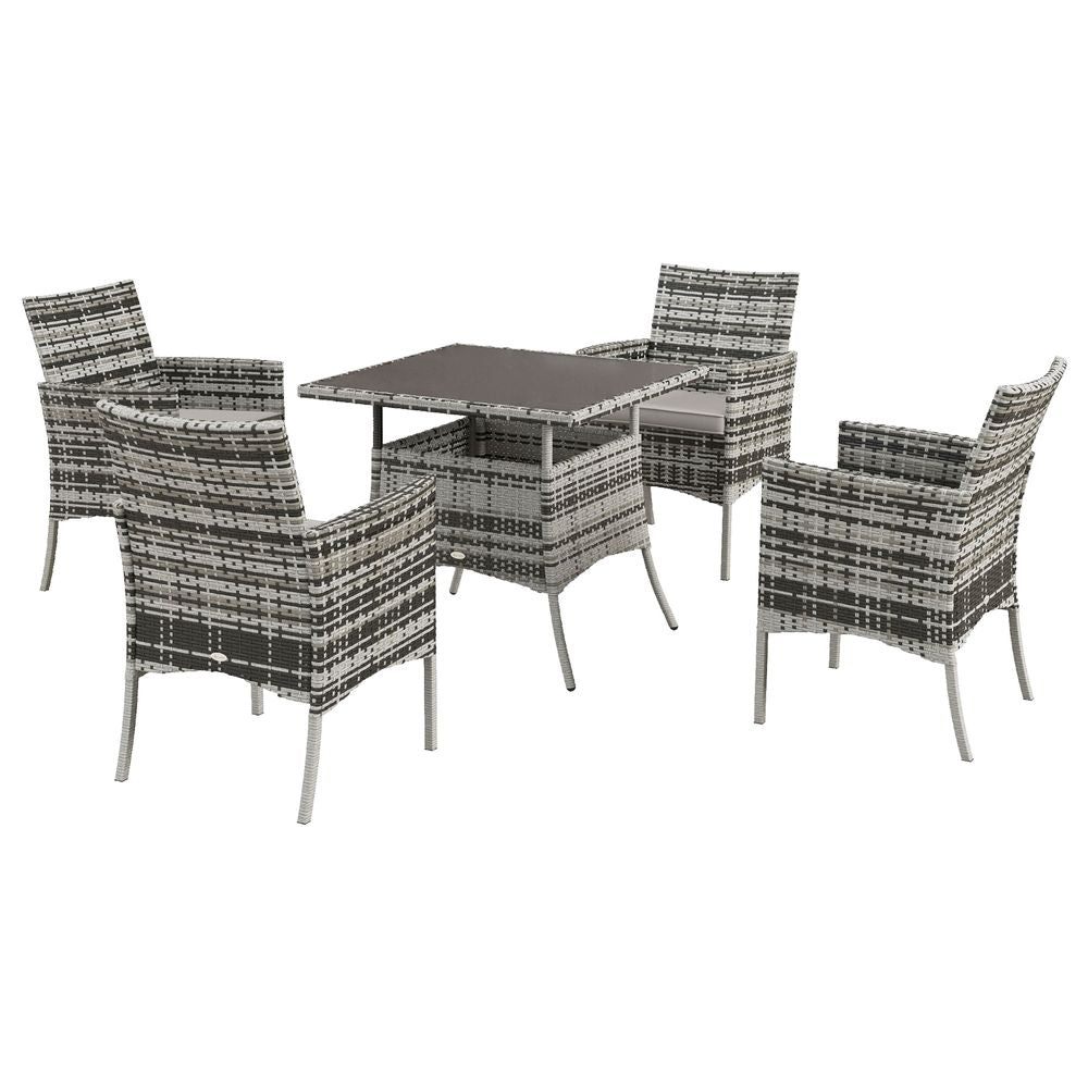 Outsunny 5 Piece Rattan Patio Set with Tempered Glass Tabletop - Grey