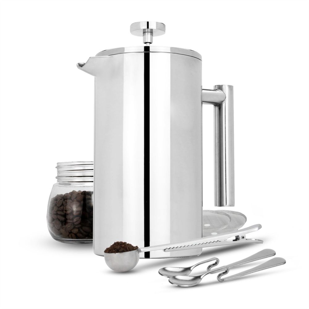 1000ml Steel French Press Cafetiere with Filters & Spoons