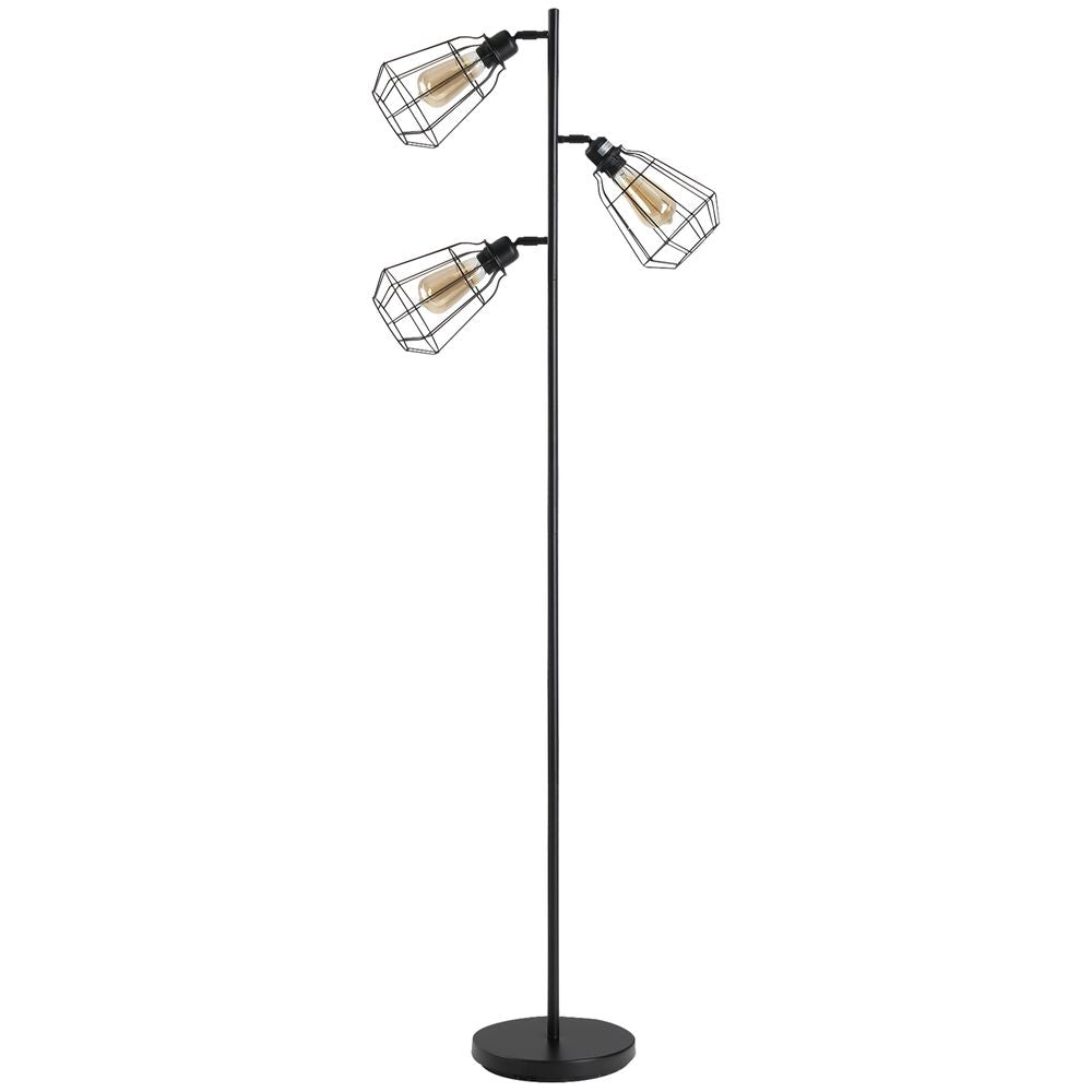 Black Industrial Style Steel Floor Lamp with 3 Birdcage Lights