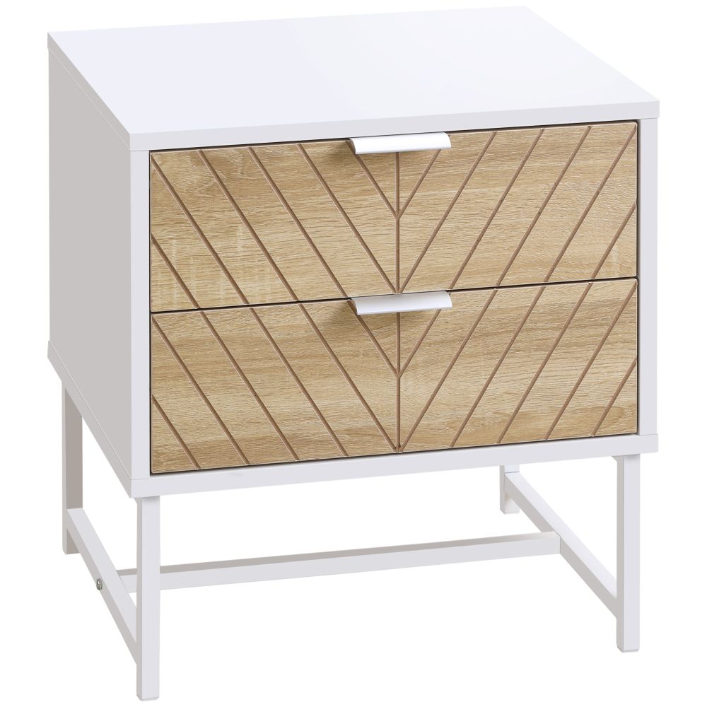 Modern Chevron Bedside Table with 2 Drawers - White and Oak