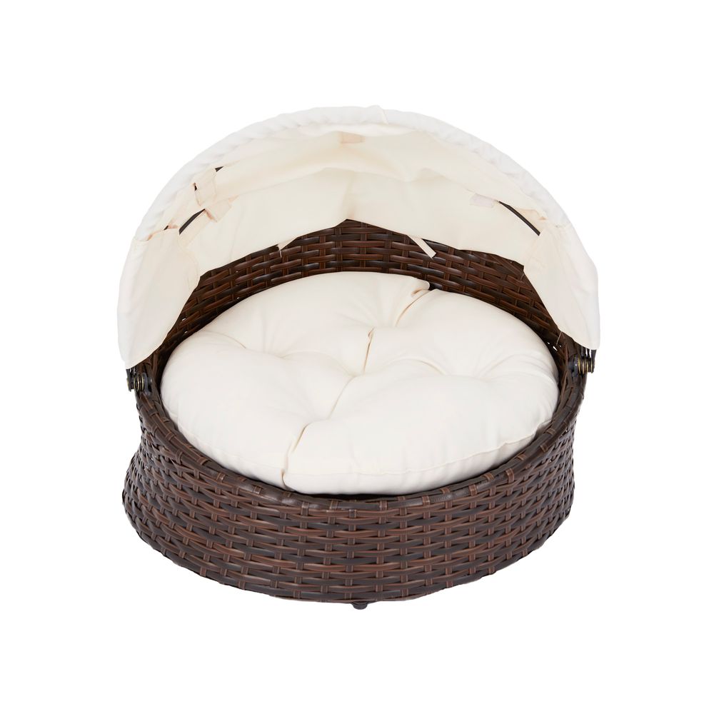 Brown Rattan Cat or Dog Bed with Canopy & Cushion
