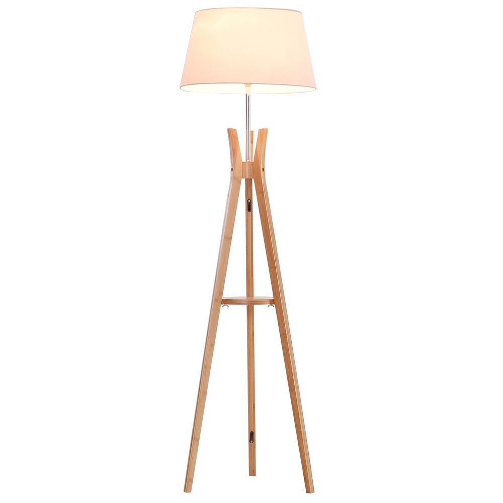 Tripod Floor Lamp with Shelf and White Fabric Shade - E27