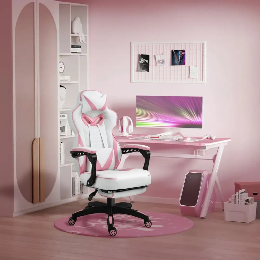 Ergonomic White Pink Reclining Gaming Chair with Footrest
