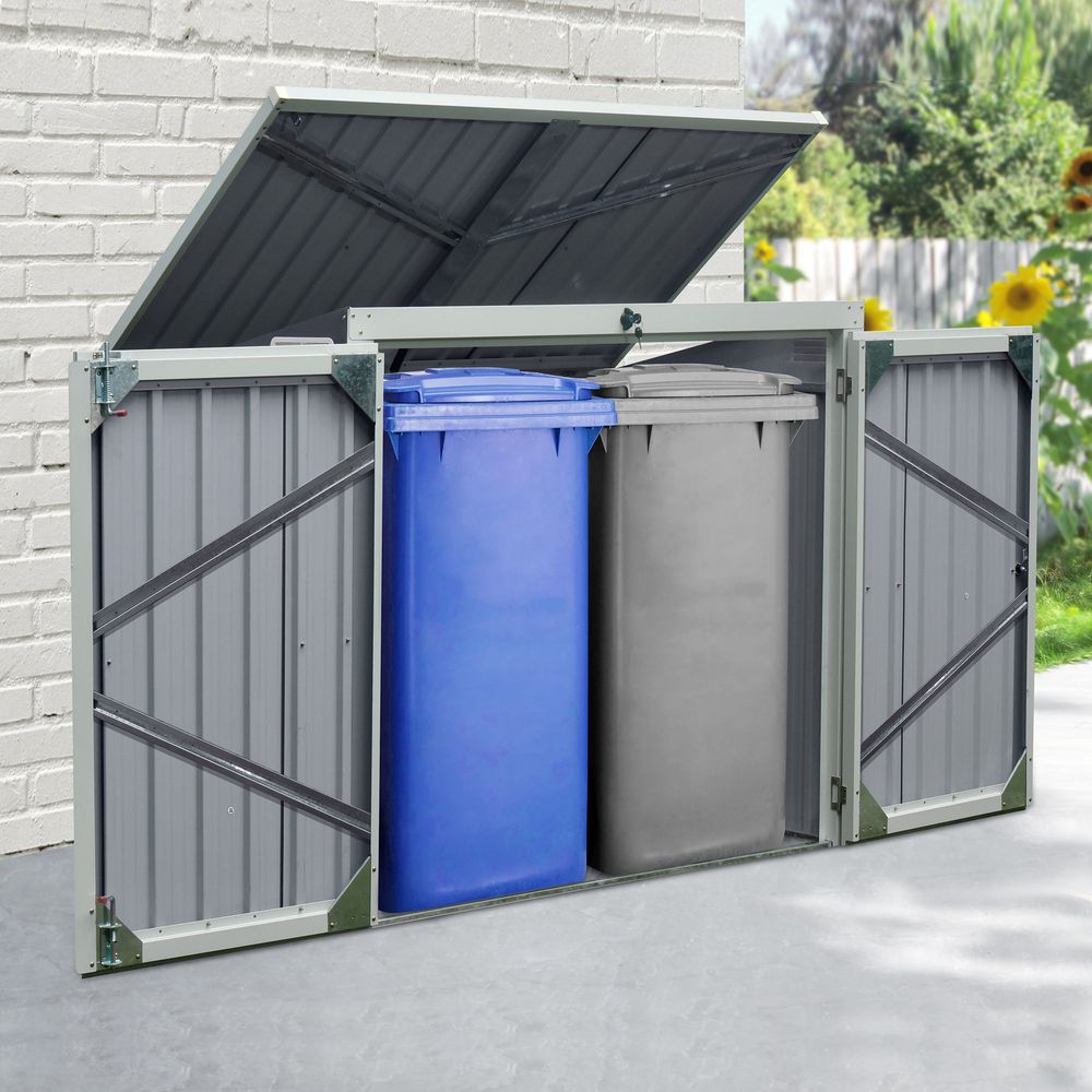 Metal Garden Storage Shed or Bin Housing with Double Doors & Lid