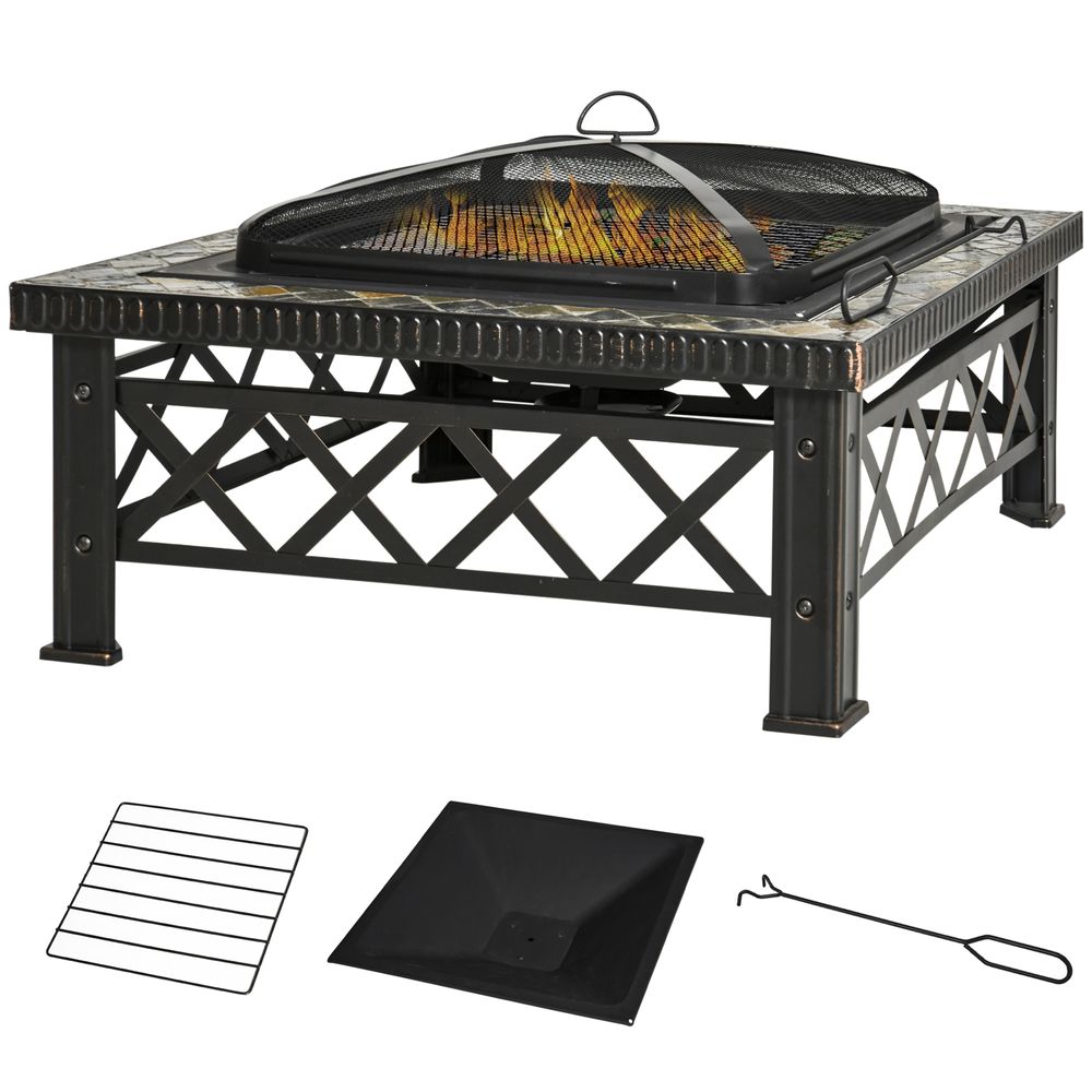 76cm Square Garden Fire Pit with Slate Fire Bowl & Mesh Lid