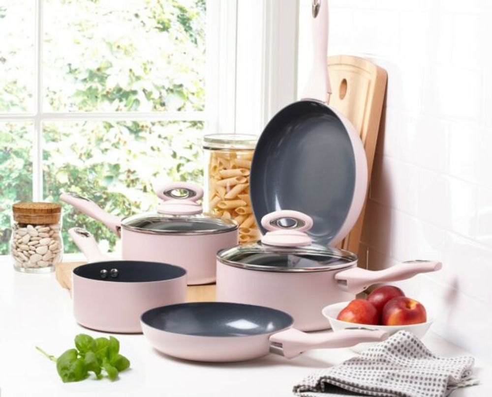 Cermalon 5-Piece Blush Pink & Grey Sparkle Ceramic Non-Stick Pan Set