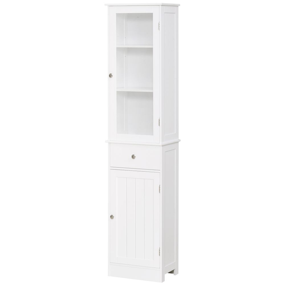 White Bathroom Tallboy with 3-tier Shelf Drawer and Door