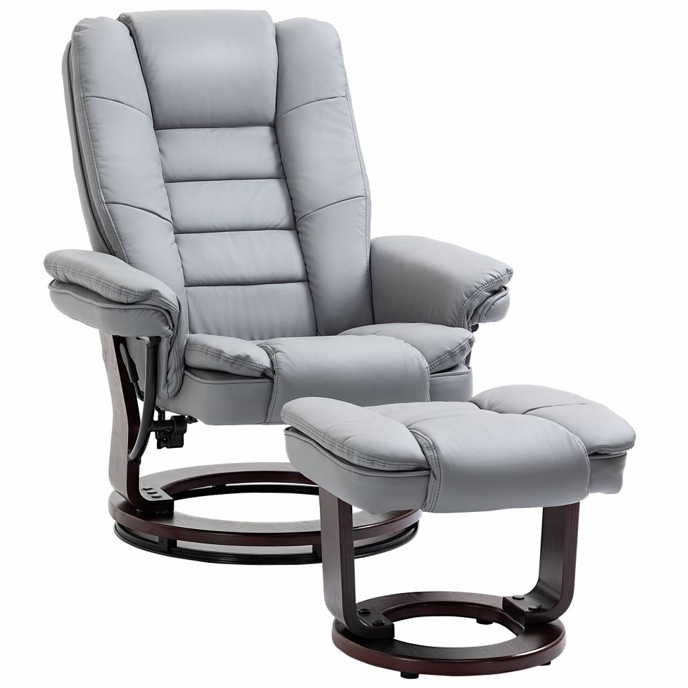Grey Faux Leather Swivel Recliner Chair with Footstool