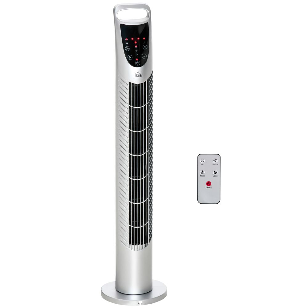 40W Silver Adjustable ABS Quiet Oscillating Tower Fan with Remote
