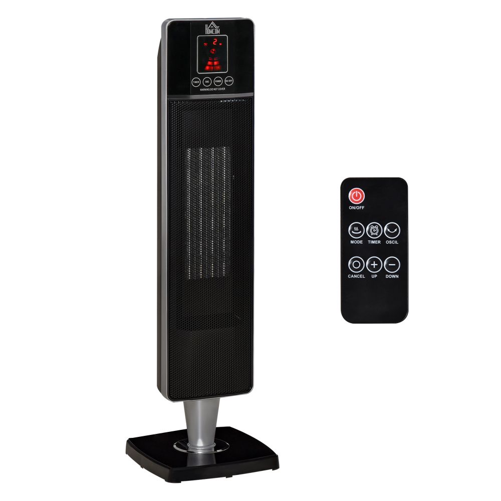 Black Oscillating Ceramic Tower Heater with Remote Control & Timer