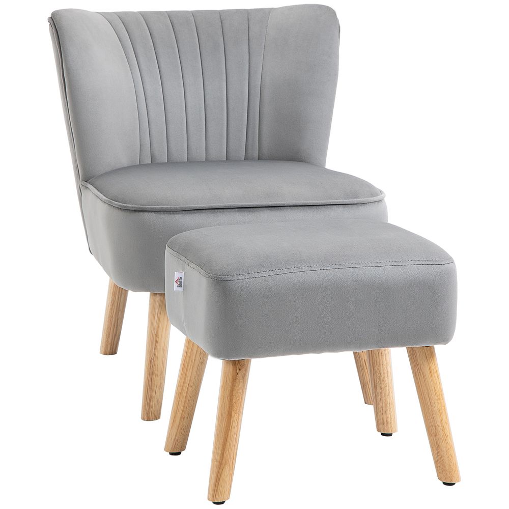 Soft Grey Velvet-Feel Accent Tub Chair with Footstool