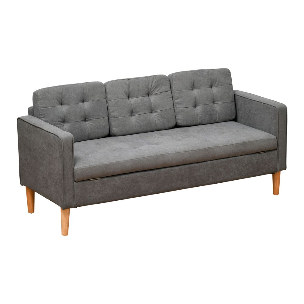 Button-Tufted 3-Seater Fabric Couch with Hidden Storage - Grey