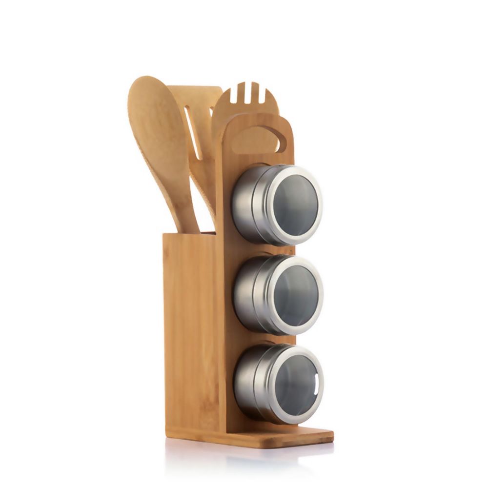 7 Piece Bamboo Utensil Set with Magnetic Stainless Steel Spice Tins