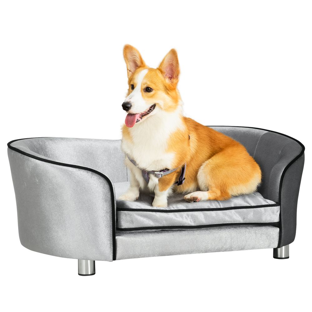 Dog Couch with Soft Cushion & Storage Pocket - Silver & Grey