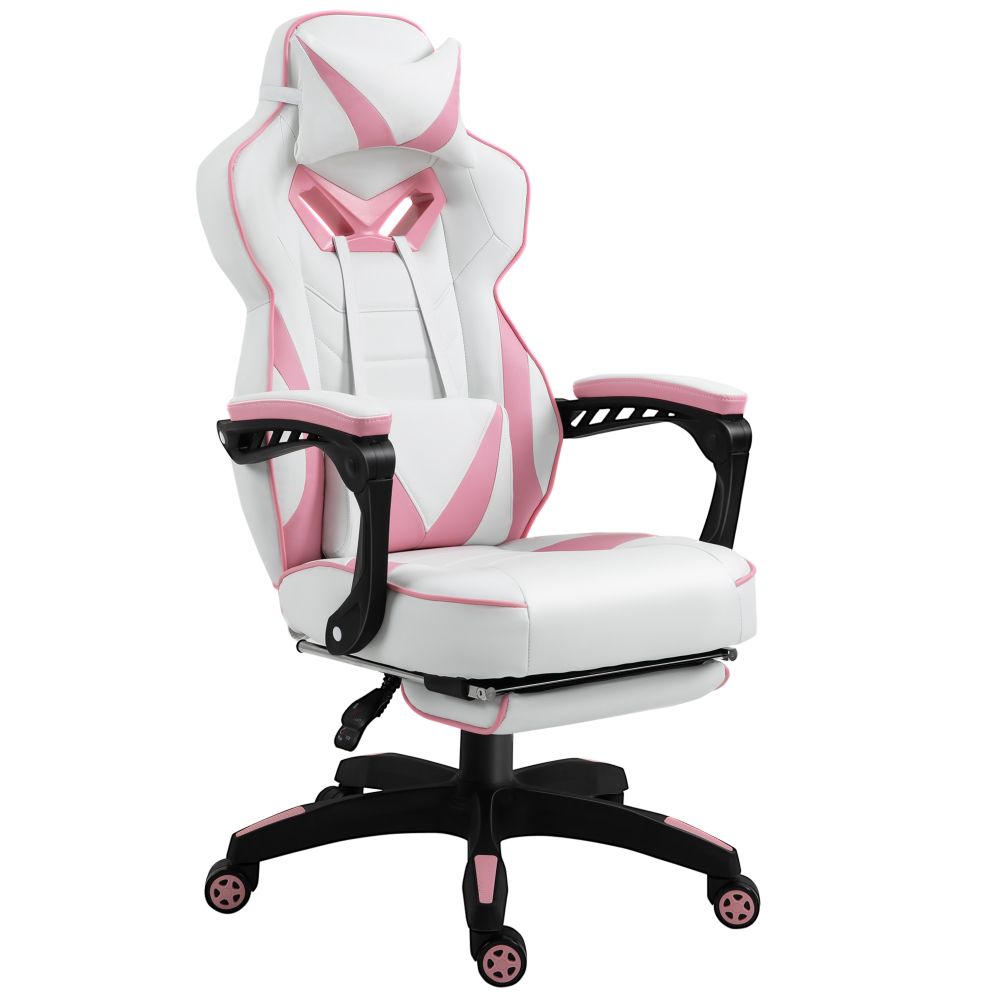Ergonomic White & Pink Reclining Gaming Chair with Footrest