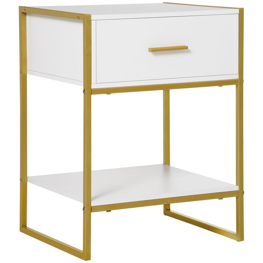 White and Gold Modern Art Deco Style Bedside Table with Drawer