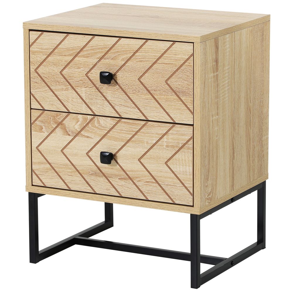 2 Drawer Zig Zag Bedside Table with Black Metal Legs & Handles