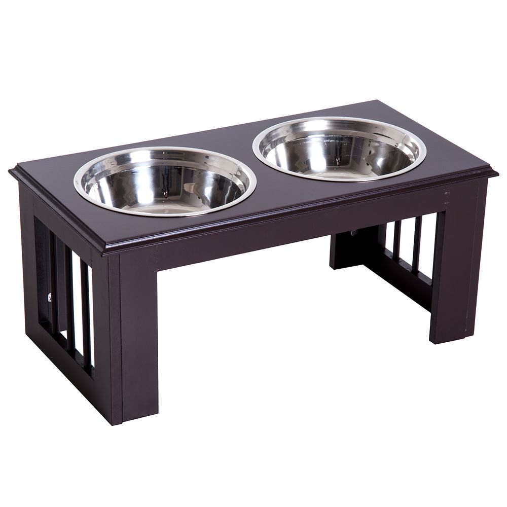 Brown Raised Dog Bowl Stand with Stainless Steel Bowls