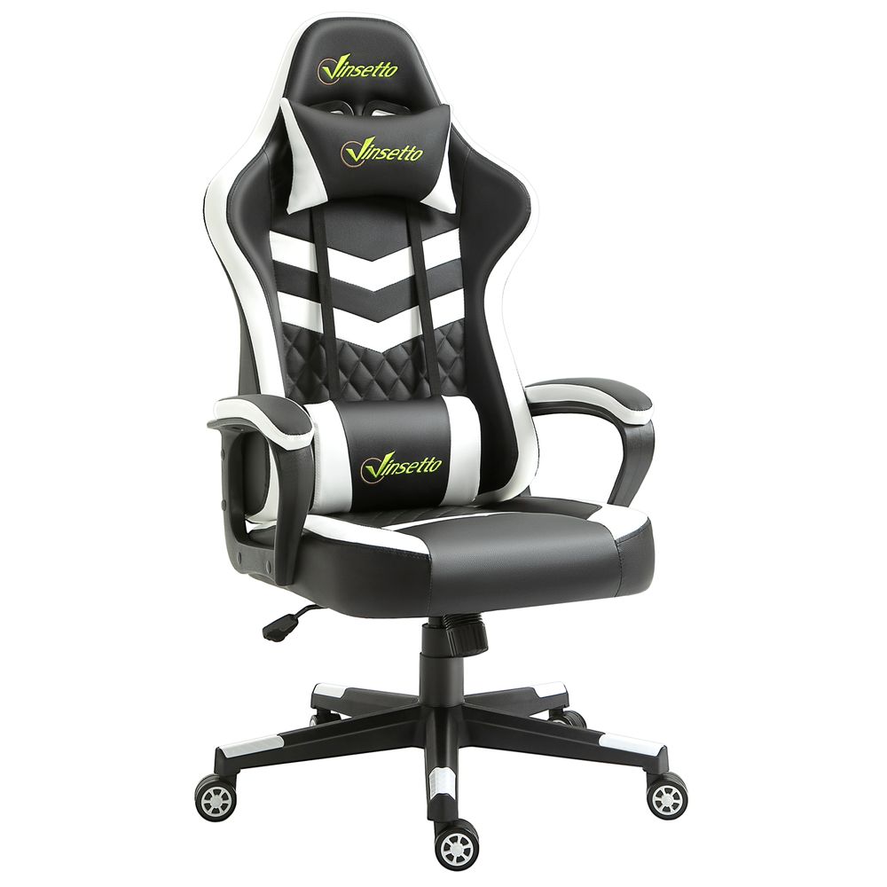 Racing Chair for Gaming with Lumbar Support & Headrest - Black & White