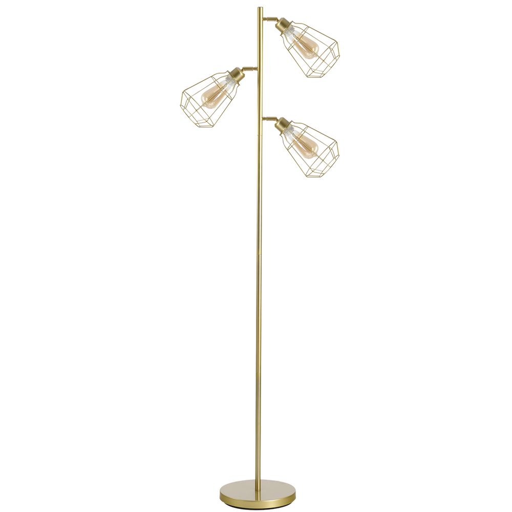 Gold Industrial Style Steel Floor Lamp with 3 Birdcage Lights