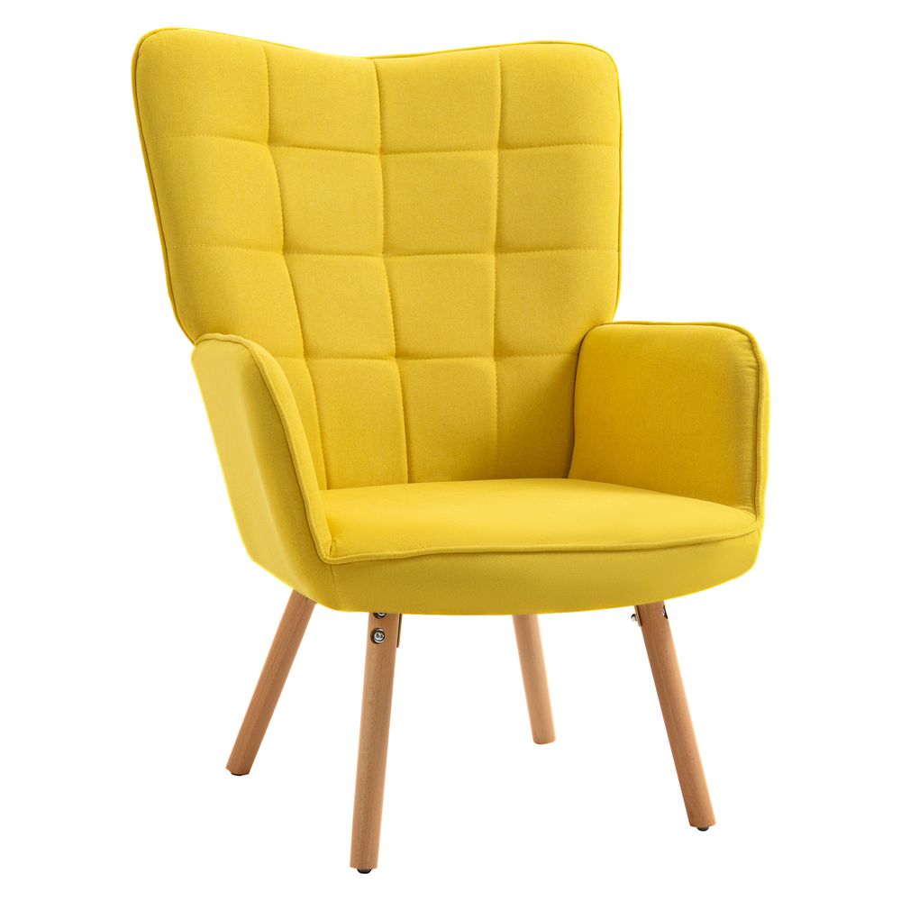 Modern Faux Velvet Tufted High Back Winged Armchair - Yellow