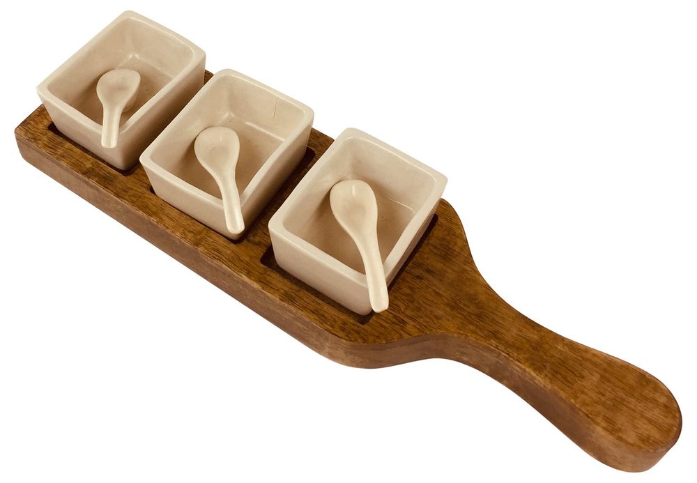 Mango Wood Tray With Ceramic Dip Bowls & Spoons