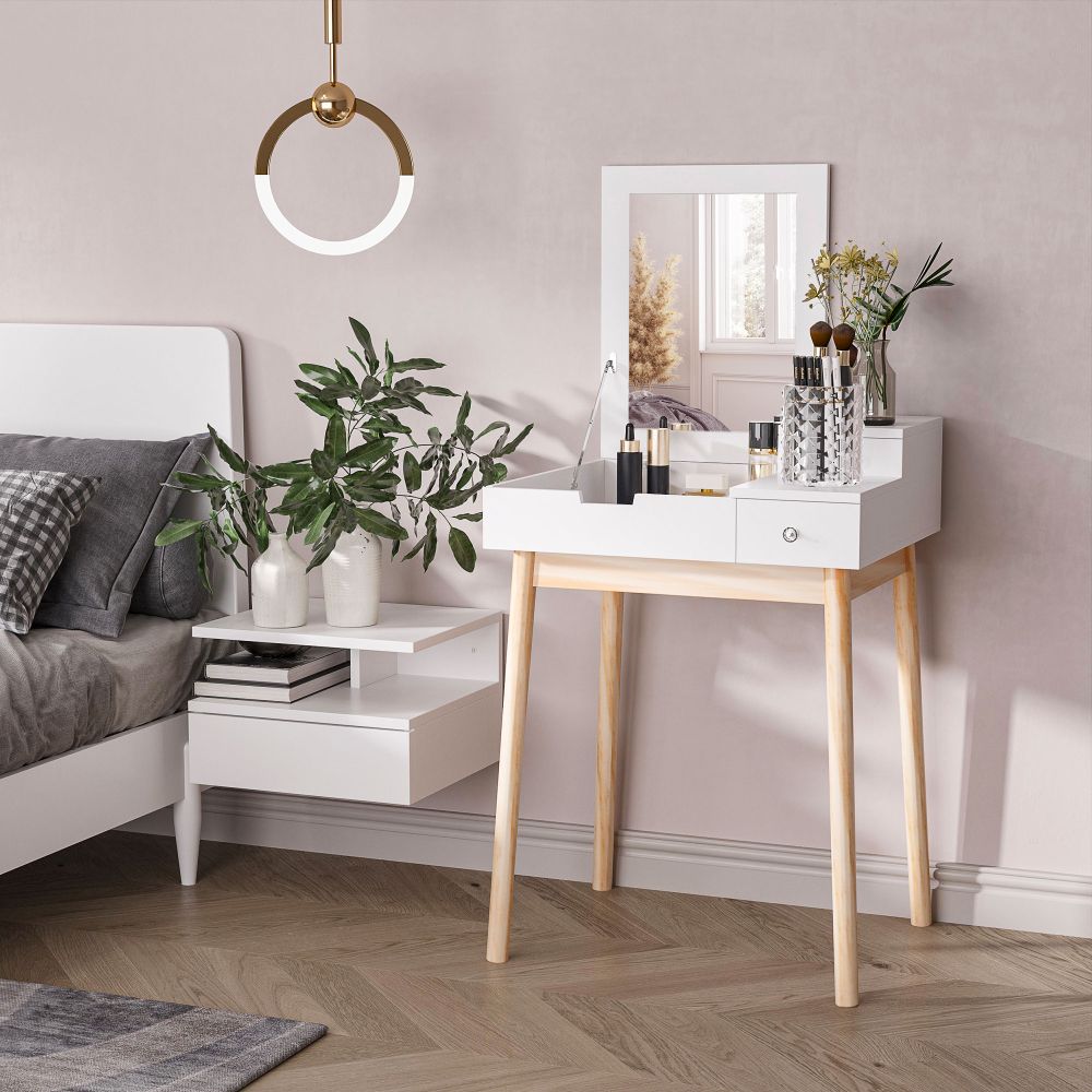 Scandi Style Dressing Table Desk with Flip Up Mirror & 2 Drawers