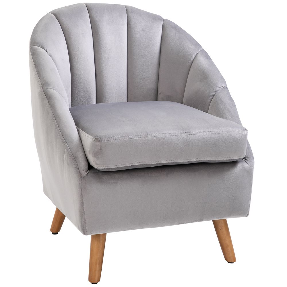 Grey Velvet Shell Chair with Solid Wooden Legs