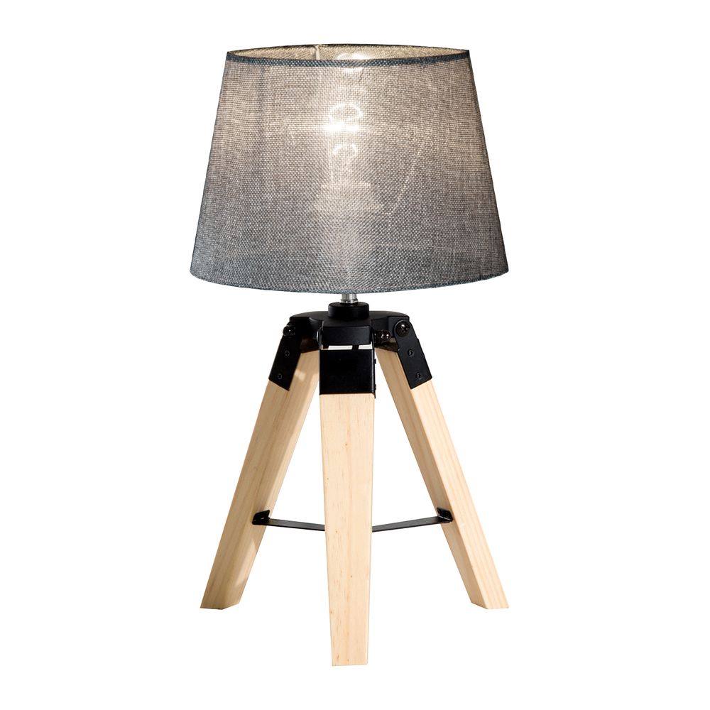 Natural Wooden Tripod Table Lamp with Grey Shade