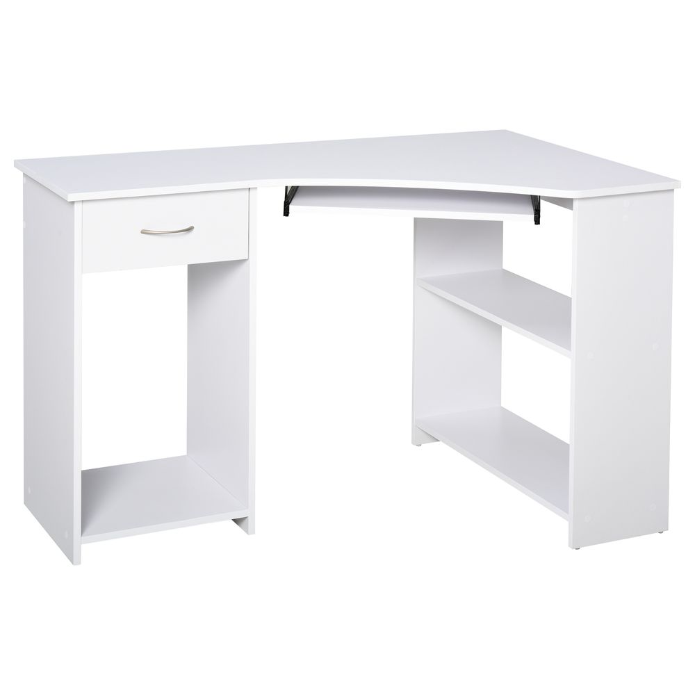 L-Shaped White Corner Computer Desk with 2 Shelves and Keyboard Tray